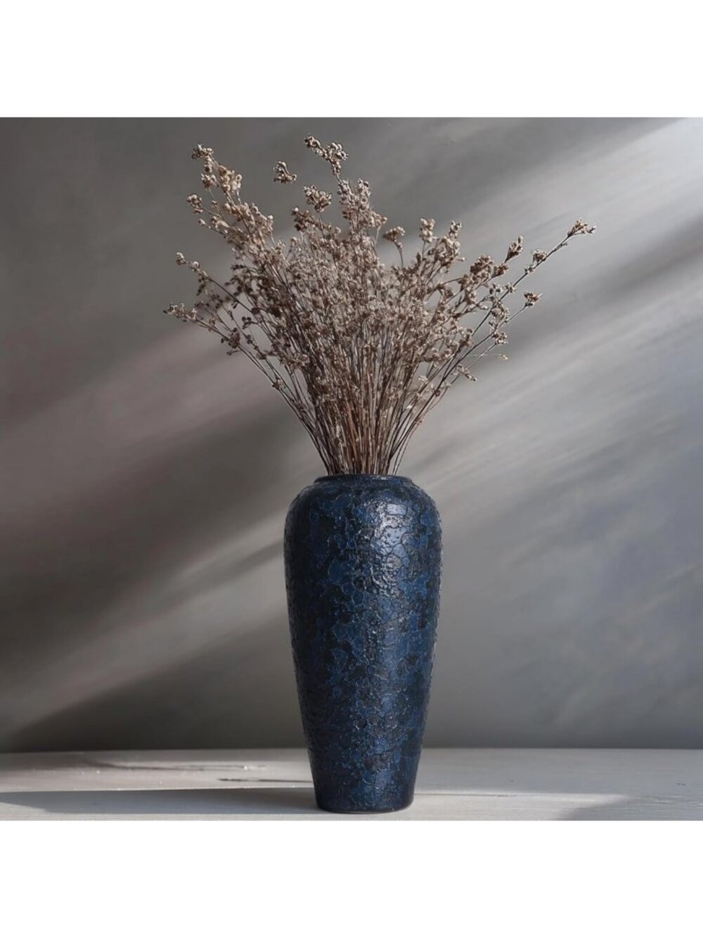 Rustic 13" Blue Ceramic Vase for Home Decor, Vintage Centerpiece, Pampas Grass